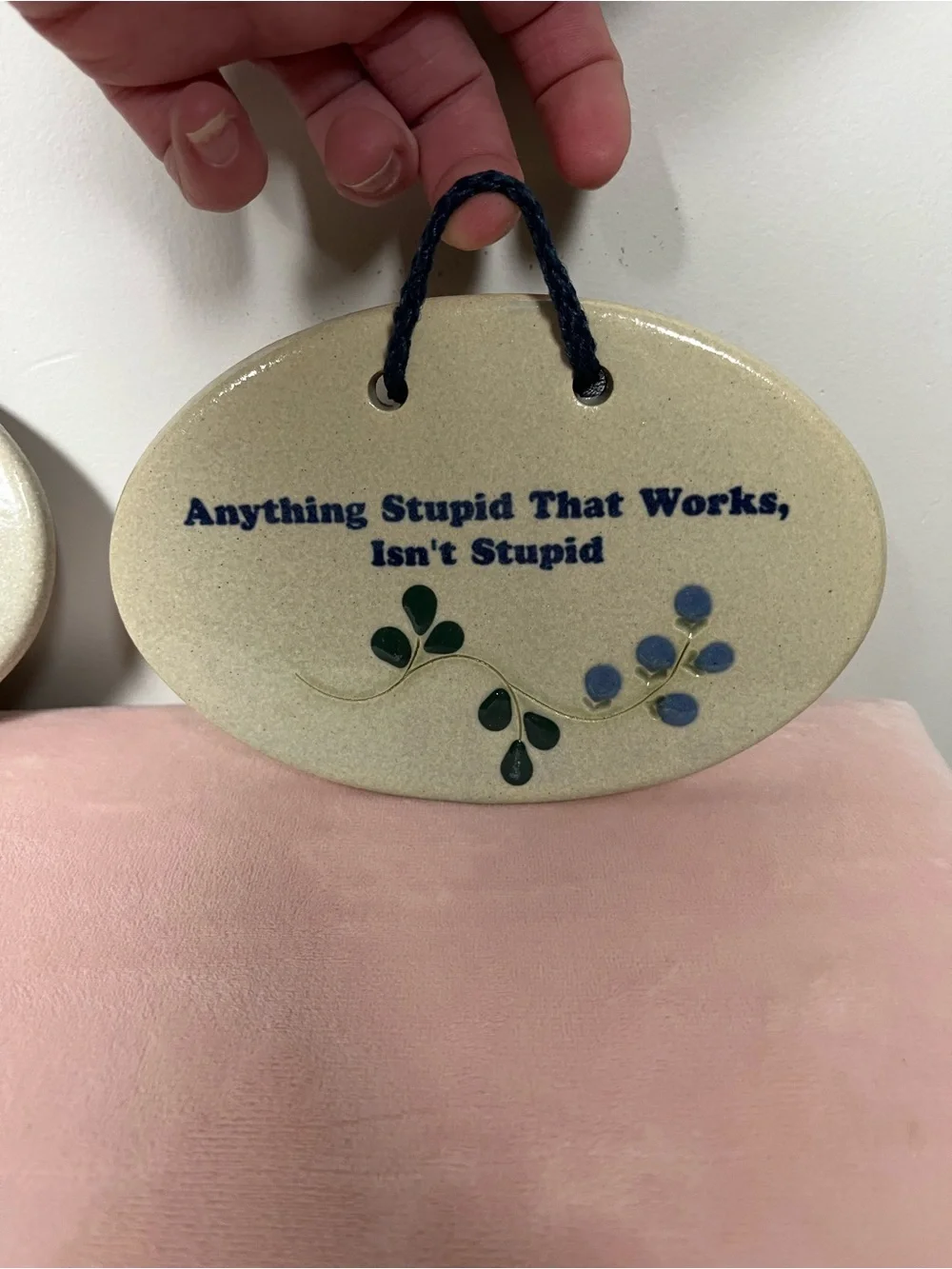 Ceramic Oval Wall Plaques with Blue Text and Leaf Accents stoneware